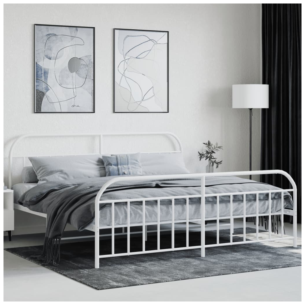 Metal Bed Frame with Headboard and Footboard White 200x200 cm