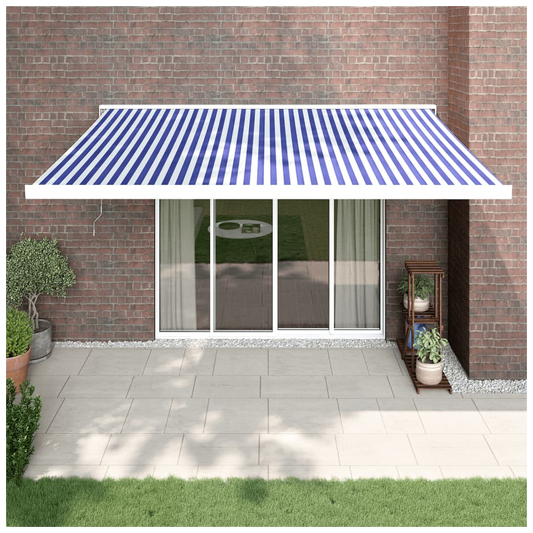 Retractable Awning Blue and White 4x3 m Fabric and Aluminium