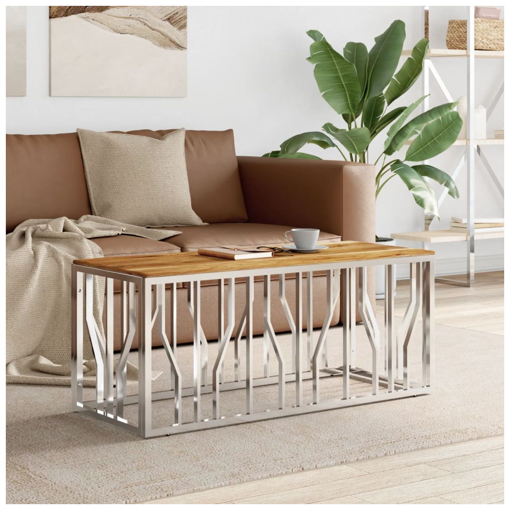 Coffee Table Silver Stainless Steel and Solid Wood Acacia