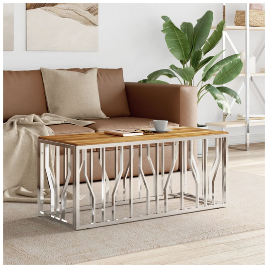 Coffee Table Silver Stainless Steel and Solid Wood Acacia