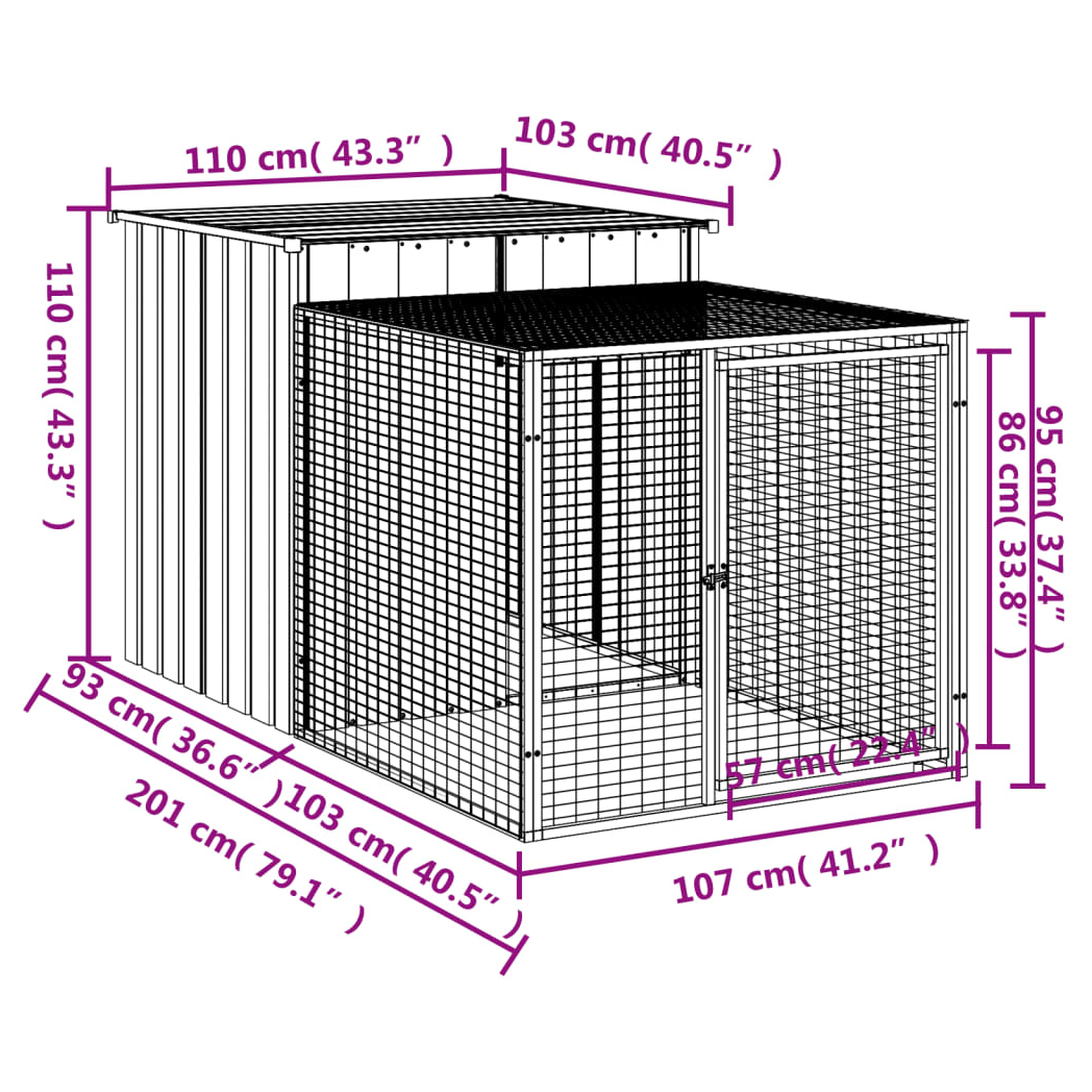 Chicken Cage with Run Light Grey 110x201x110 cm Galvanised Steel