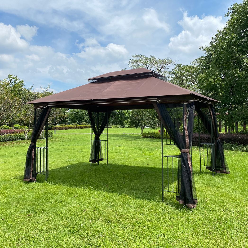 13x10 Outdoor Patio Gazebo Canopy Tent With Ventilated Double Roof And Mosquito Net(Detachable Mesh Screen On All Sides),Suitable for Lawn, Garden, Backyard and Deck,Brown Top