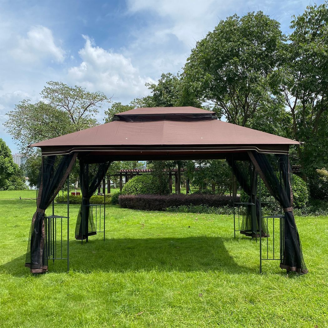 13x10 Outdoor Patio Gazebo Canopy Tent With Ventilated Double Roof And Mosquito Net(Detachable Mesh Screen On All Sides),Suitable for Lawn, Garden, Backyard and Deck,Brown Top