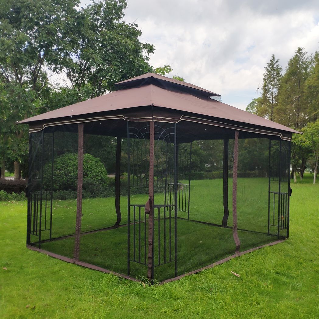 13x10 Outdoor Patio Gazebo Canopy Tent With Ventilated Double Roof And Mosquito Net(Detachable Mesh Screen On All Sides),Suitable for Lawn, Garden, Backyard and Deck,Brown Top