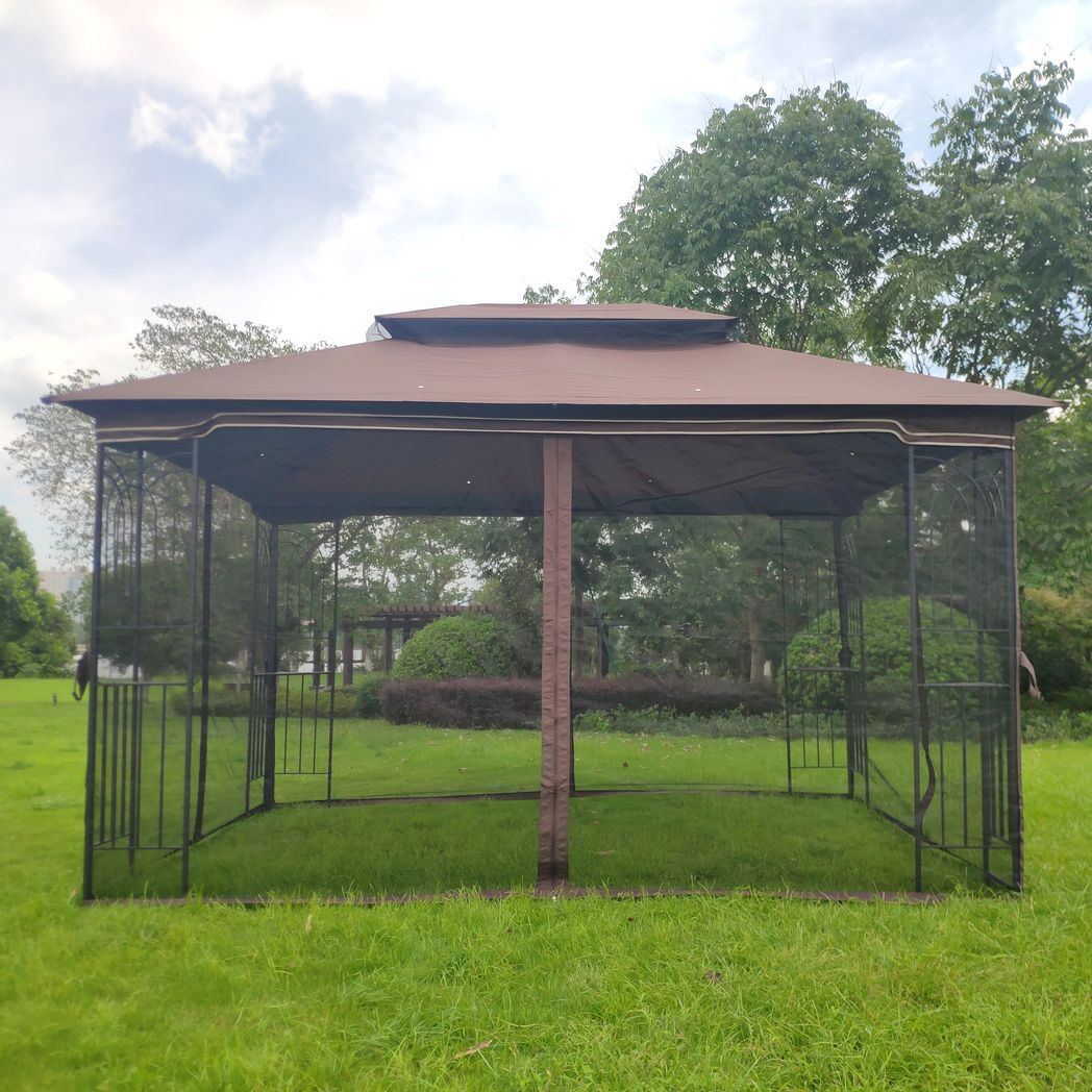 13x10 Outdoor Patio Gazebo Canopy Tent With Ventilated Double Roof And Mosquito Net(Detachable Mesh Screen On All Sides),Suitable for Lawn, Garden, Backyard and Deck,Brown Top