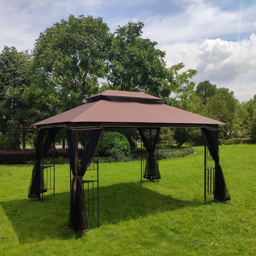 13x10 Outdoor Patio Gazebo Canopy Tent With Ventilated Double Roof And Mosquito Net(Detachable Mesh Screen On All Sides),Suitable for Lawn, Garden, Backyard and Deck,Brown Top