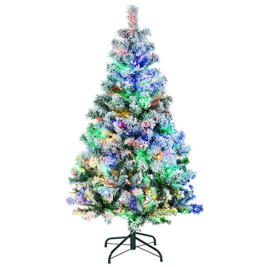 HOMCOM 4.5ft Artificial Flocked Christmas Tree with LED Lights, Snow Branches