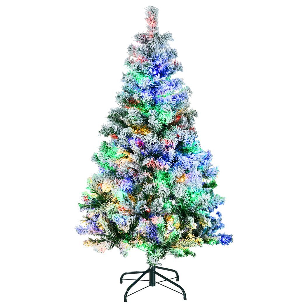 HOMCOM 4.5ft Artificial Flocked Christmas Tree with LED Lights, Snow Branches