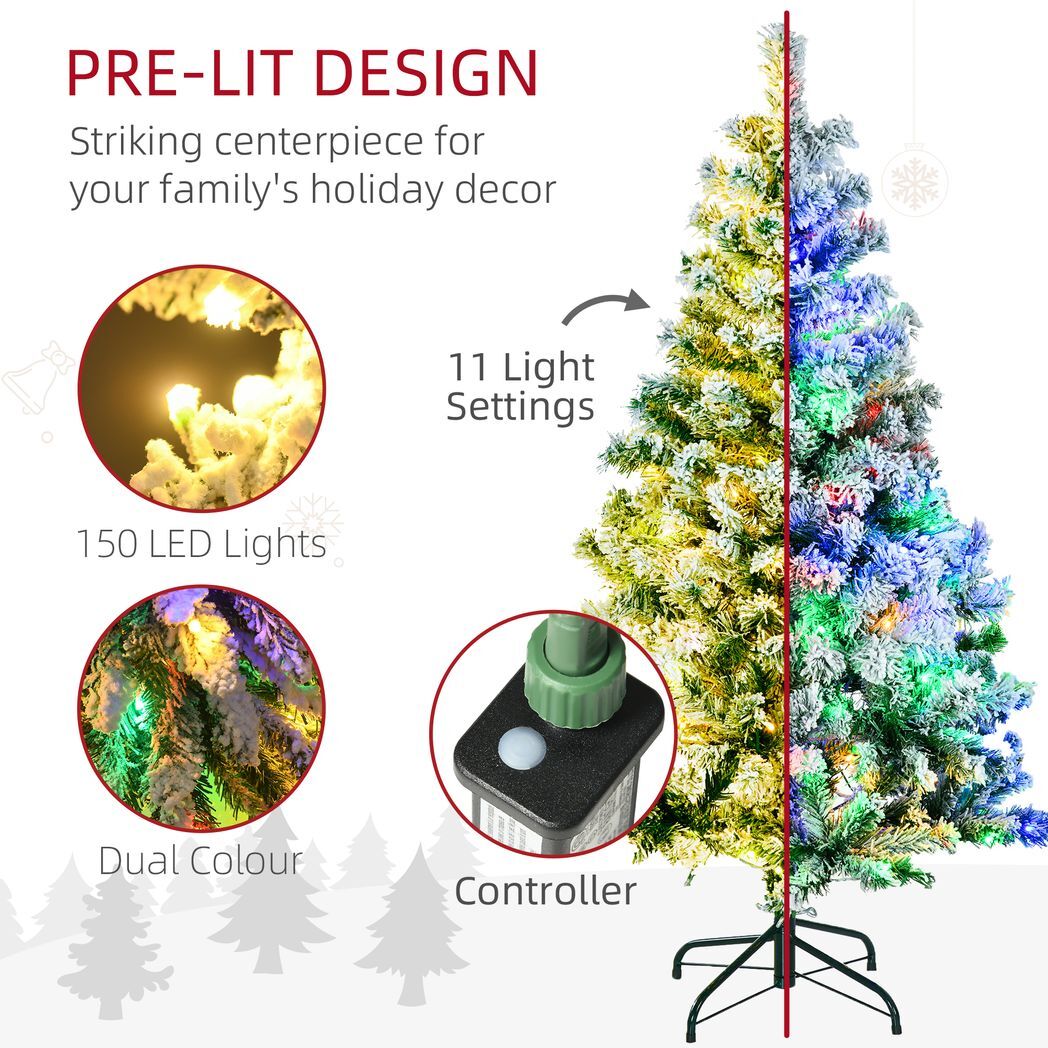 HOMCOM 4.5ft Artificial Flocked Christmas Tree with LED Lights, Snow Branches