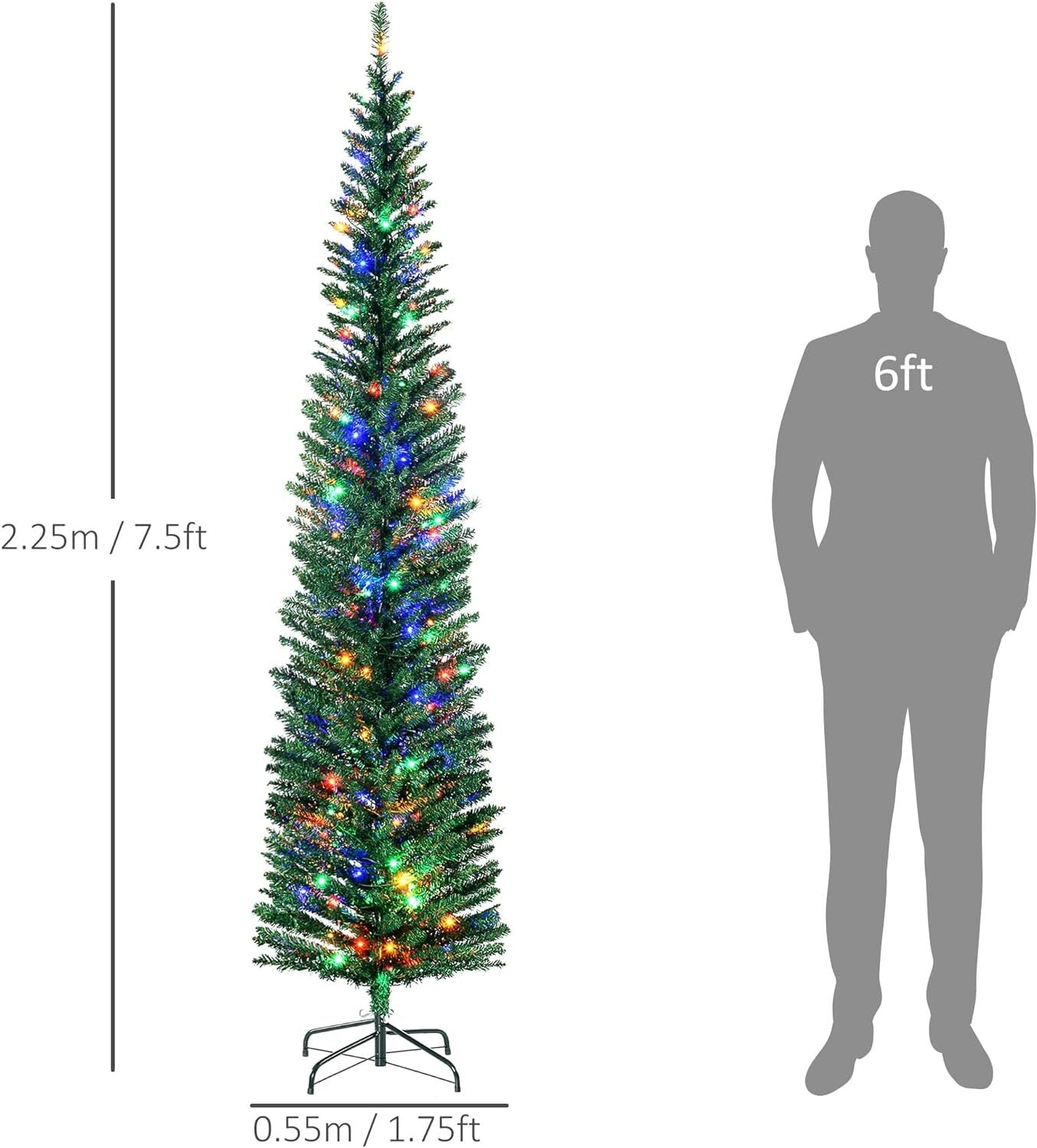 HOMCOM 7.5ft Artificial Pencil Christmas Tree with Colourful Lights, Steel Base