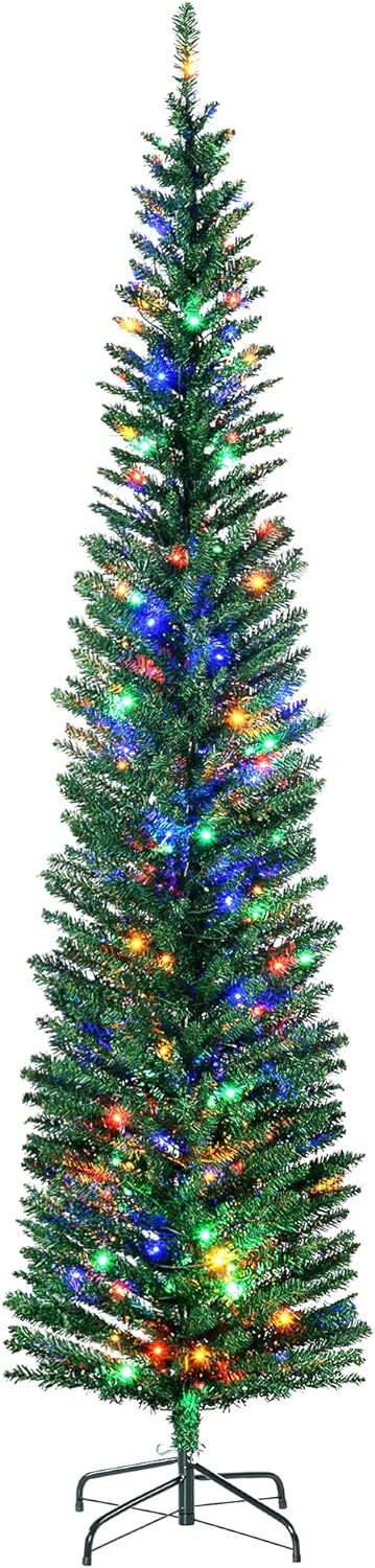 HOMCOM 7.5ft Artificial Pencil Christmas Tree with Colourful Lights, Steel Base