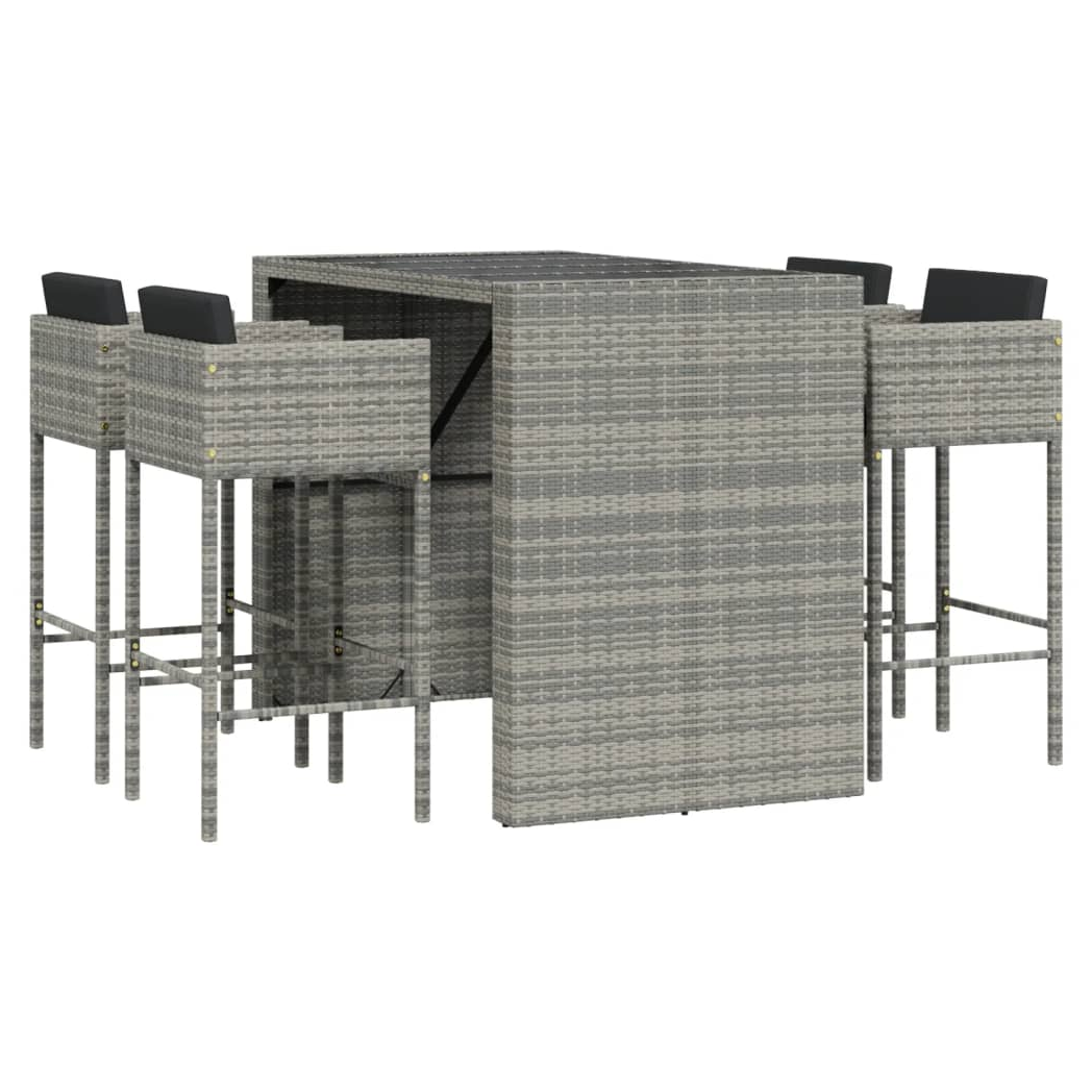 5 Piece Garden Bar Set with Cushions Grey Poly Rattan