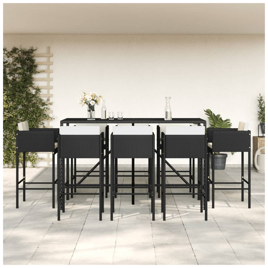 9 Piece Garden Bar Set with Cushions Black Poly Rattan