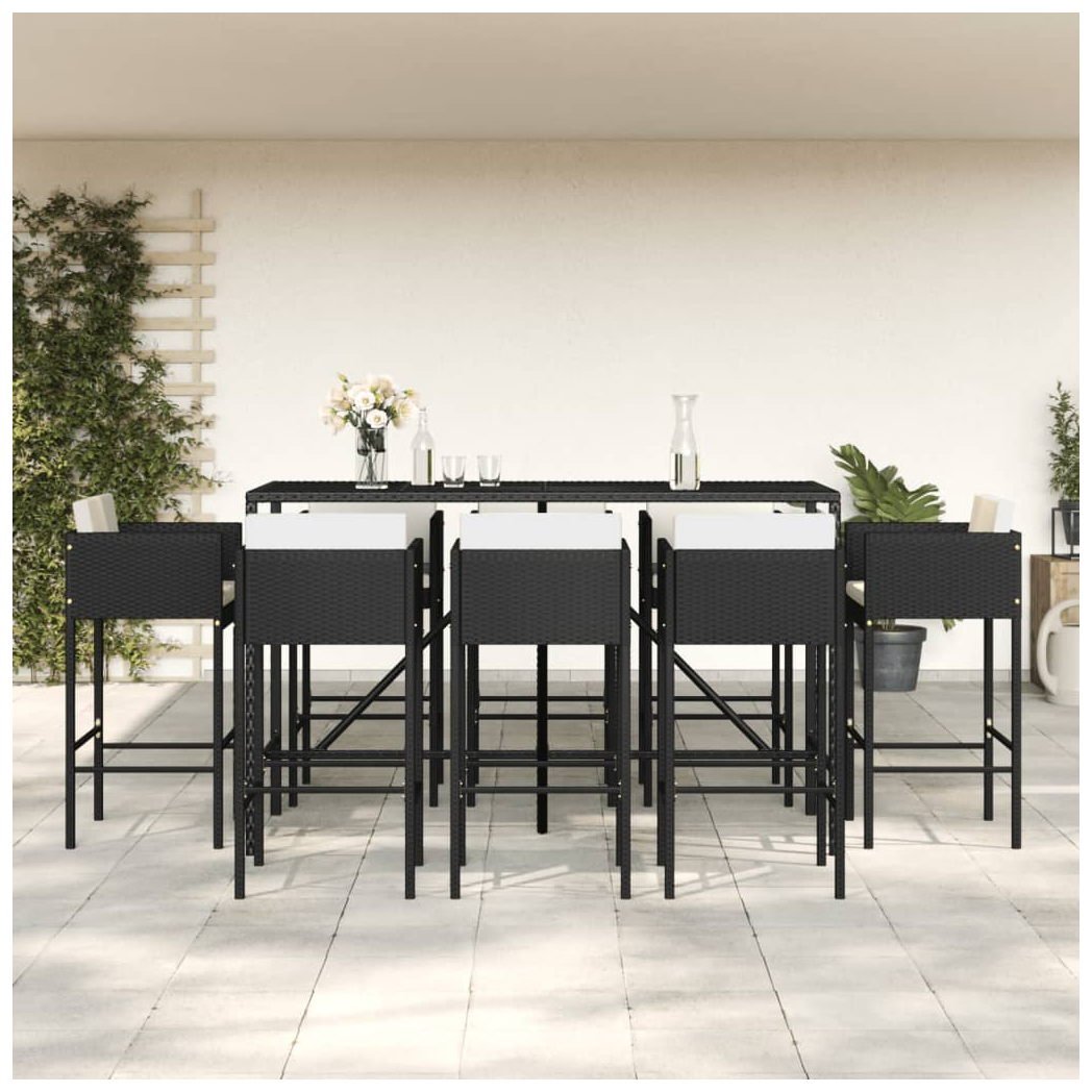 9 Piece Garden Bar Set with Cushions Black Poly Rattan