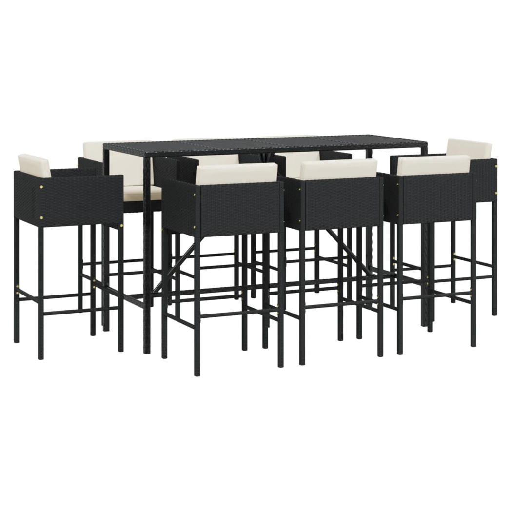 9 Piece Garden Bar Set with Cushions Black Poly Rattan