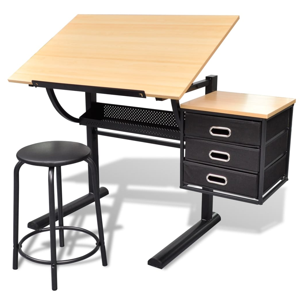 Three Drawers Tiltable Tabletop Drawing Table with Stool