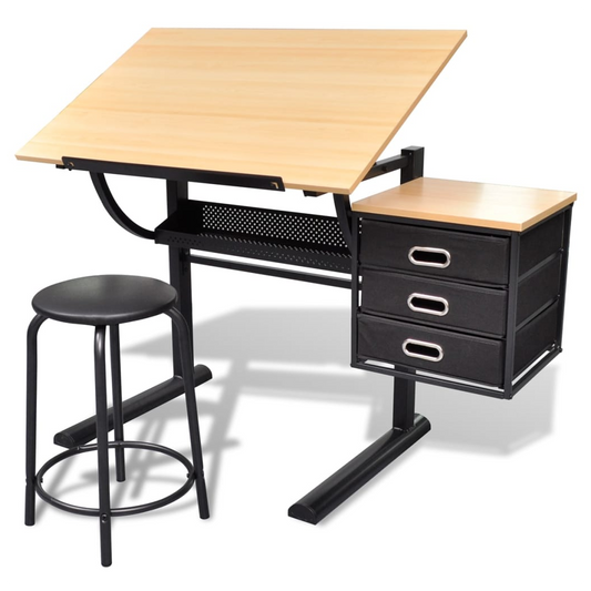 Three Drawers Tiltable Tabletop Drawing Table with Stool