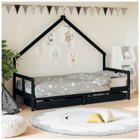 Kids Bed Frame with Drawers Black 80x200 cm Solid Wood Pine