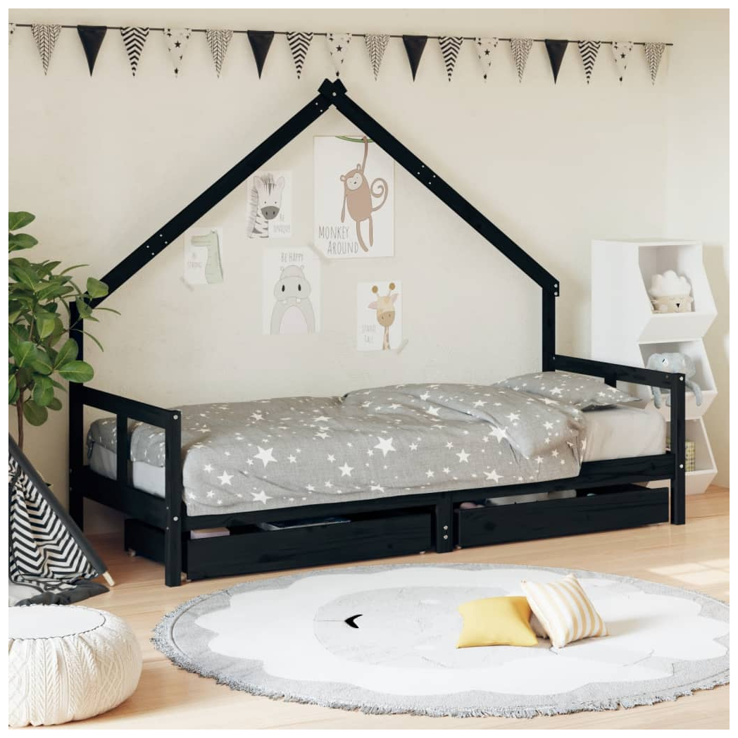 Kids Bed Frame with Drawers Black 80x200 cm Solid Wood Pine