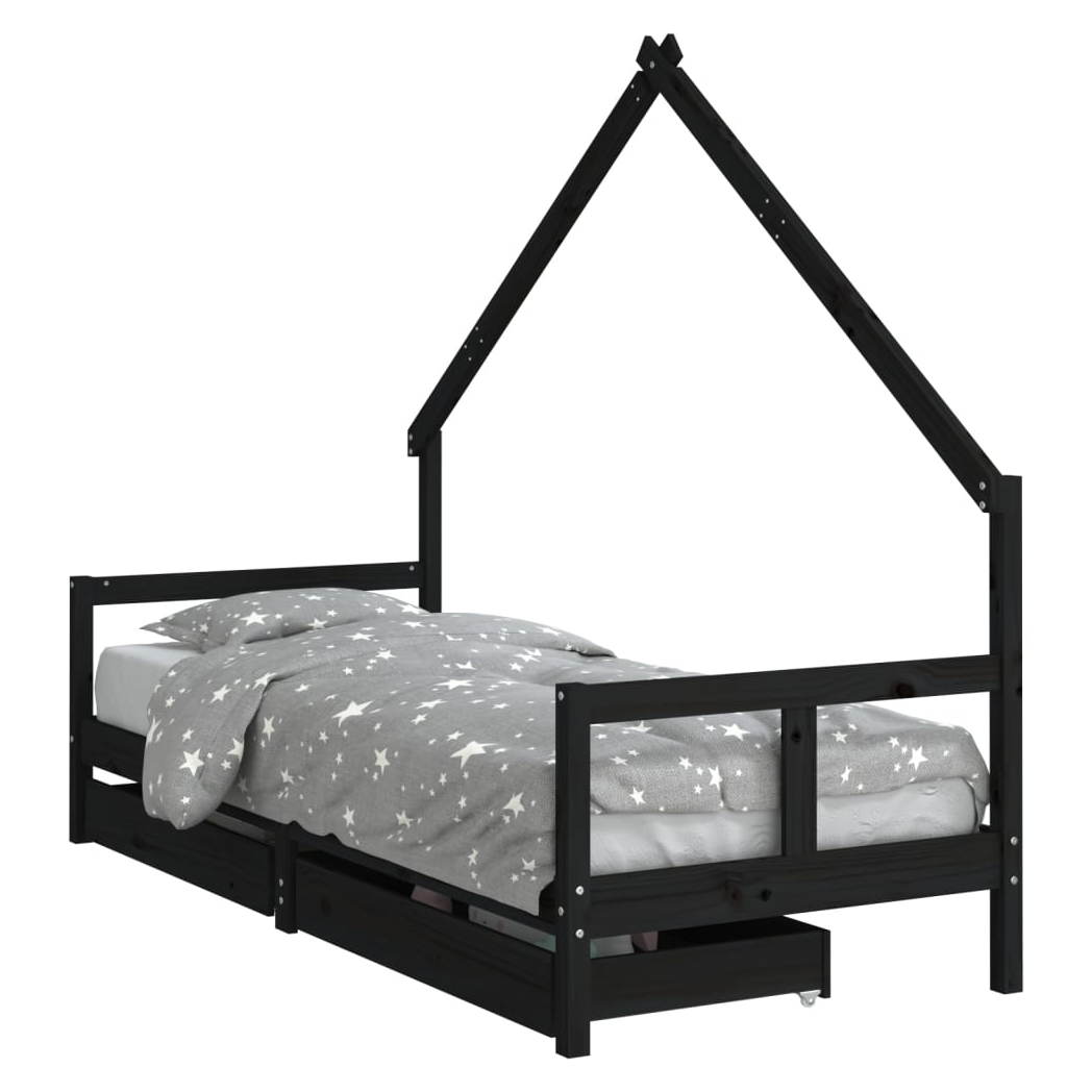 Kids Bed Frame with Drawers Black 80x200 cm Solid Wood Pine