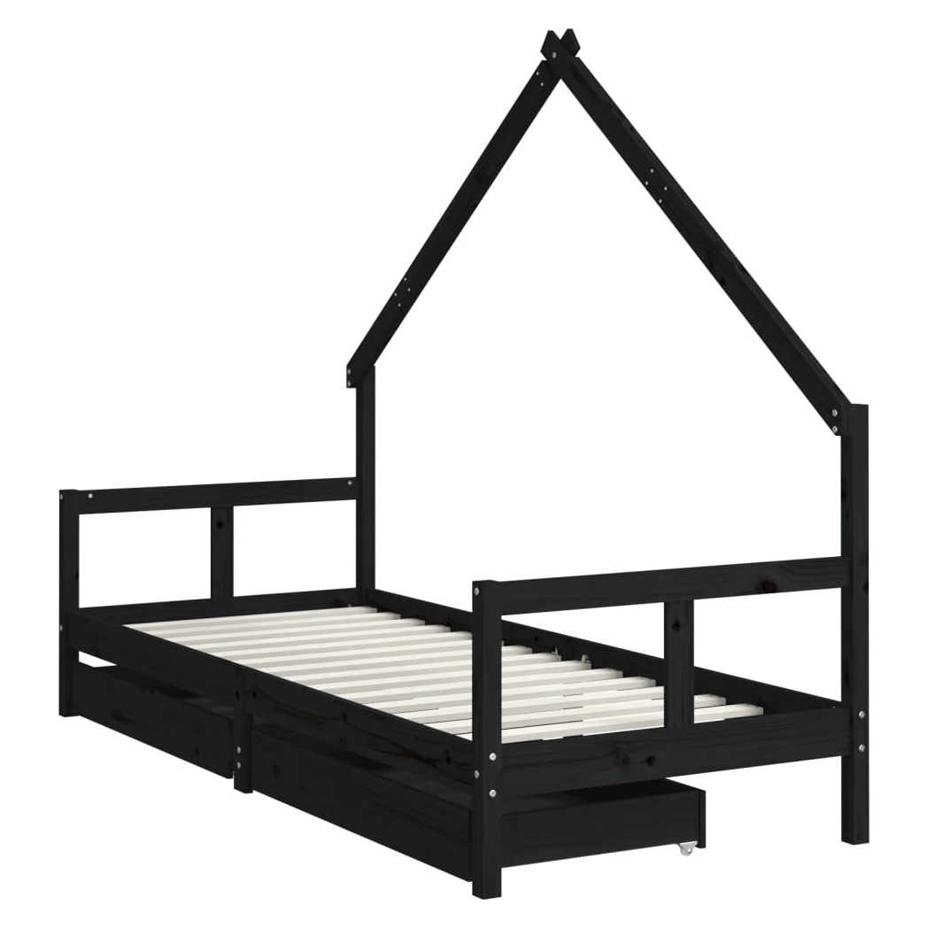 Kids Bed Frame with Drawers Black 80x200 cm Solid Wood Pine