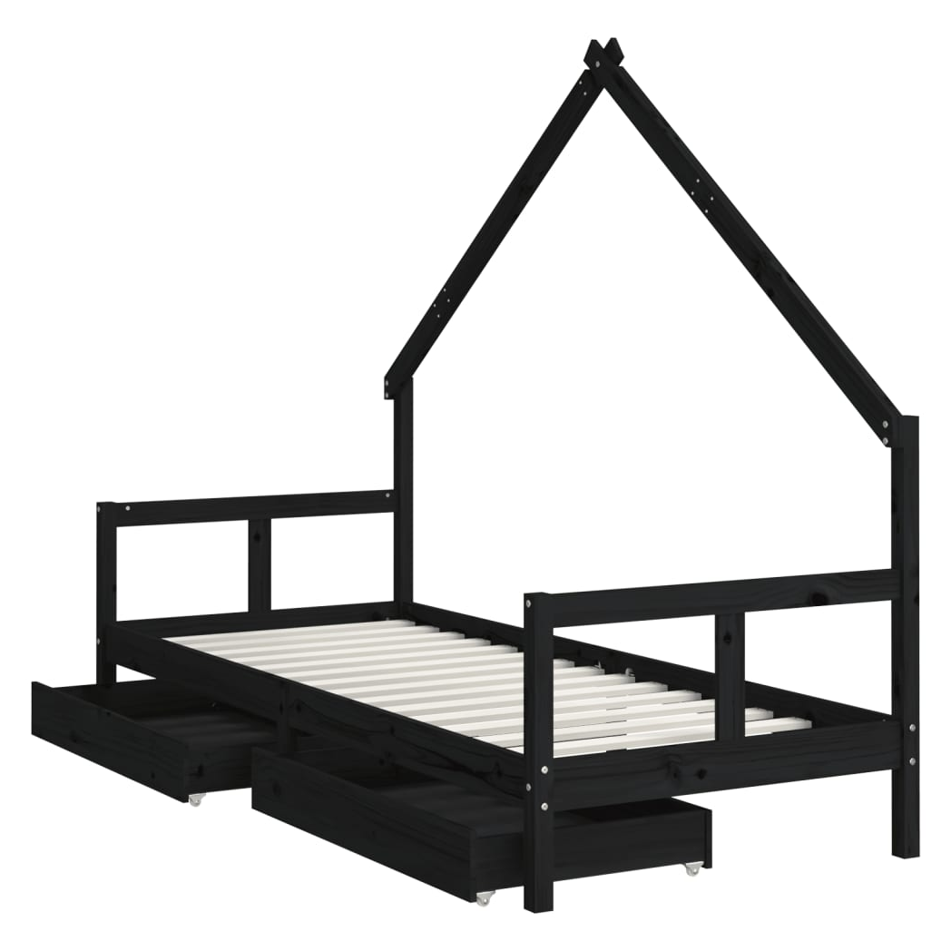 Kids Bed Frame with Drawers Black 80x200 cm Solid Wood Pine