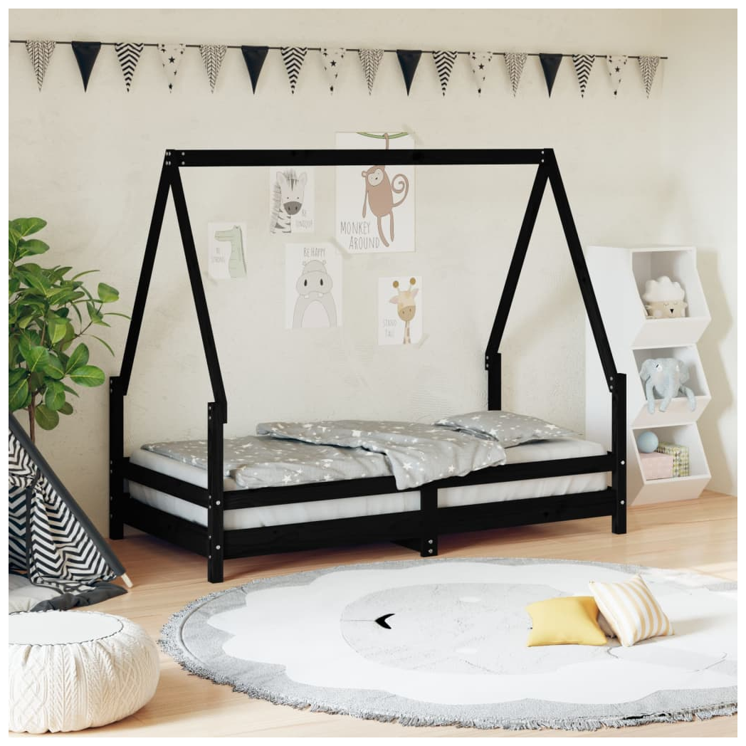Kids Bed Frame Black 80x160 cm Solid Wood Pine