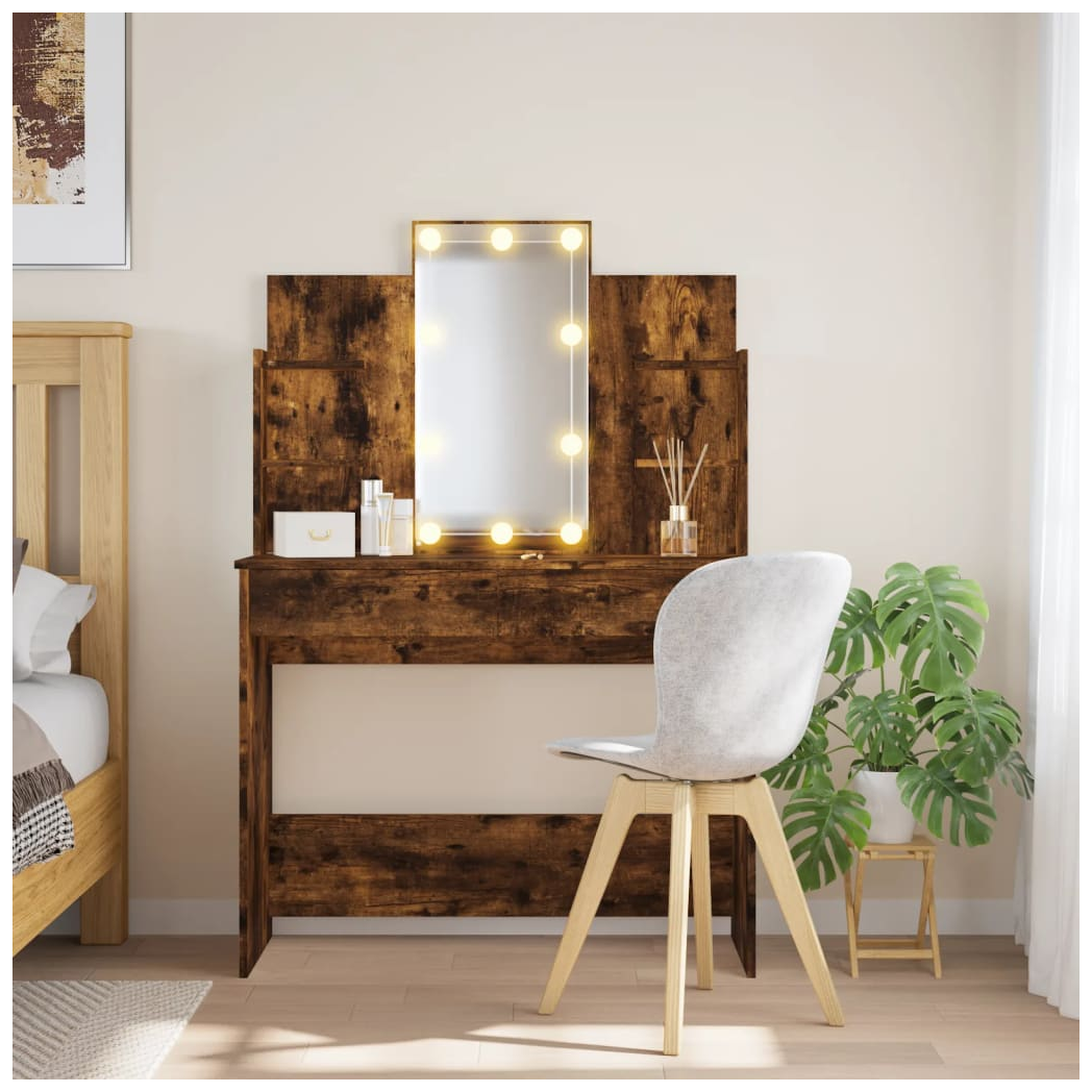Dressing Table with LED Lights Smoked Oak 96x40x142 cm