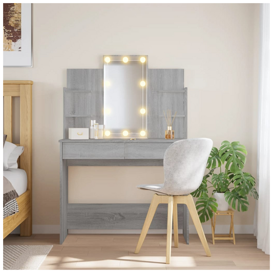 Dressing Table with LED Lights Grey Sonoma 96x40x142 cm