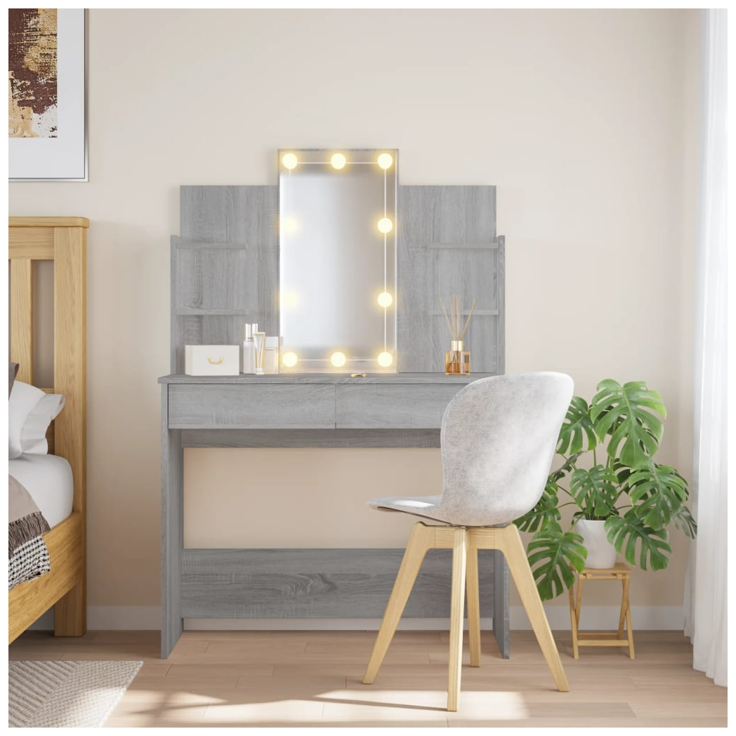 Dressing Table with LED Lights Grey Sonoma 96x40x142 cm