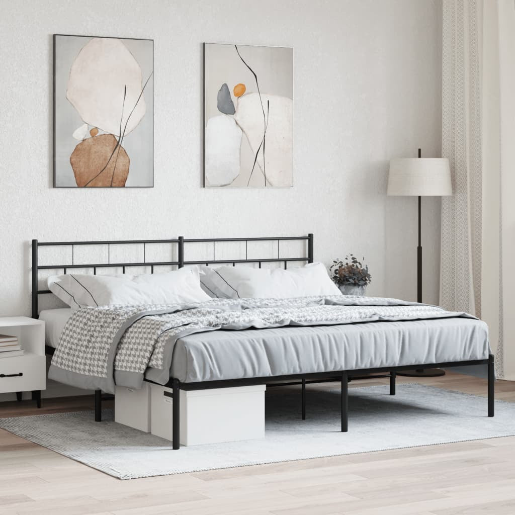 Metal Bed Frame with Headboard Black 193x203 cm