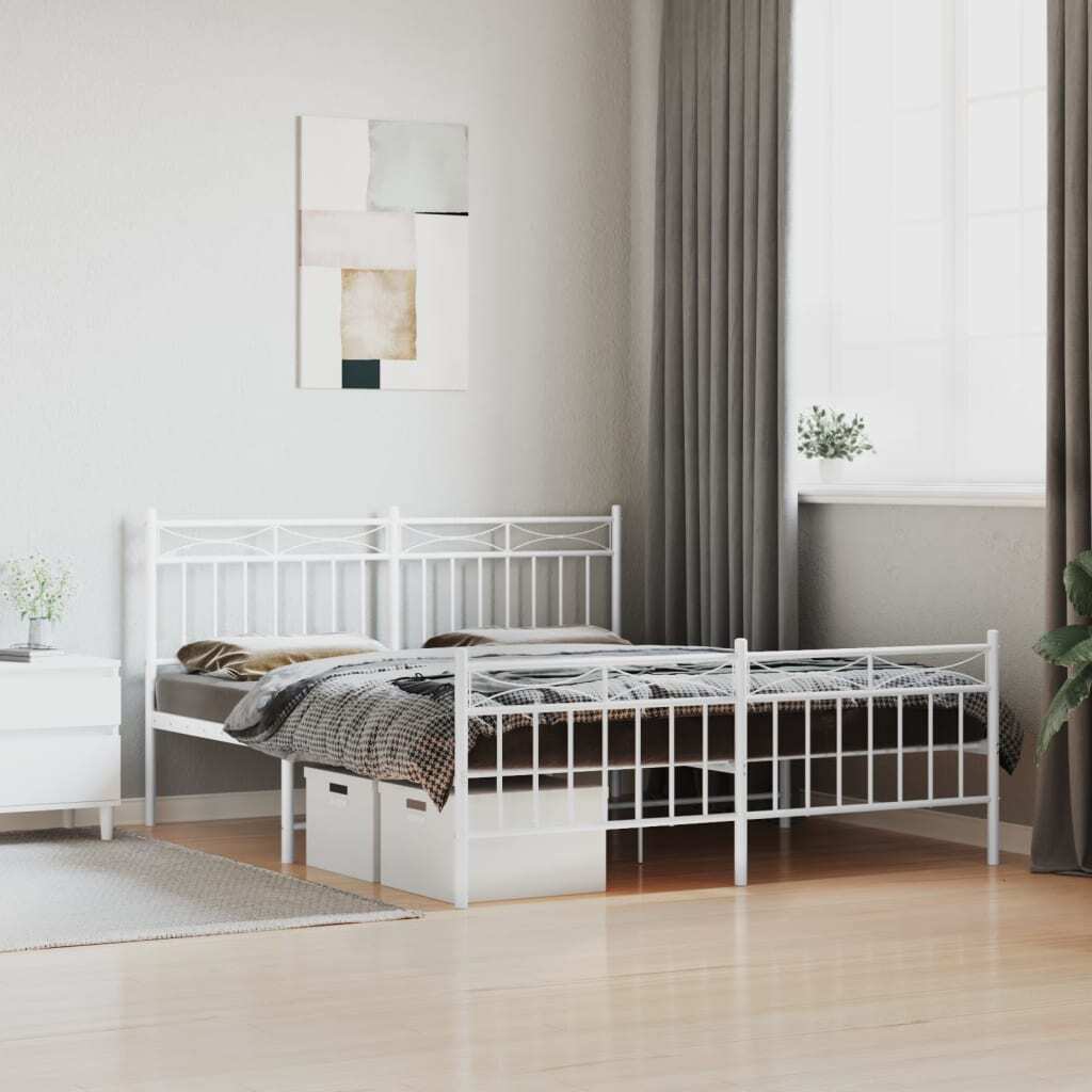 Metal Bed Frame with Headboard and Footboard White 150x200 cm King Size