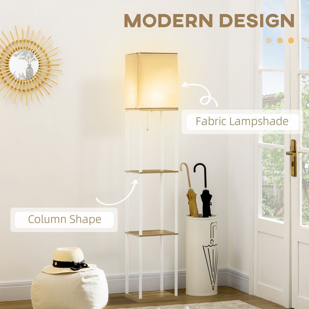 HOMCOM Modern Floor Lamp with Shelves and Fabric Lampshade for Living Room