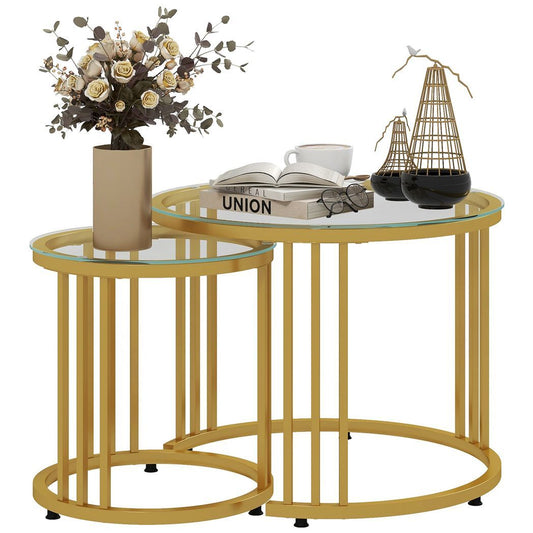 Svvalka2 Pieces Round Nesting Coffee Tables with Tempered Glass Top, Gold Tone