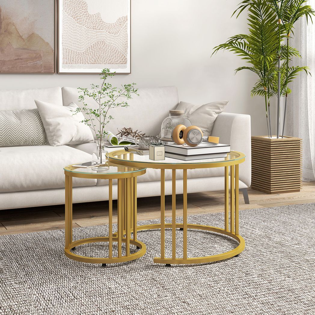 Svvalka2 Pieces Round Nesting Coffee Tables with Tempered Glass Top, Gold Tone