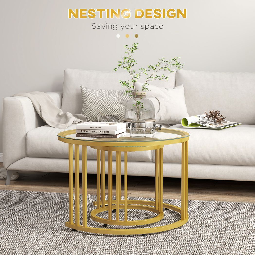 Svvalka2 Pieces Round Nesting Coffee Tables with Tempered Glass Top, Gold Tone