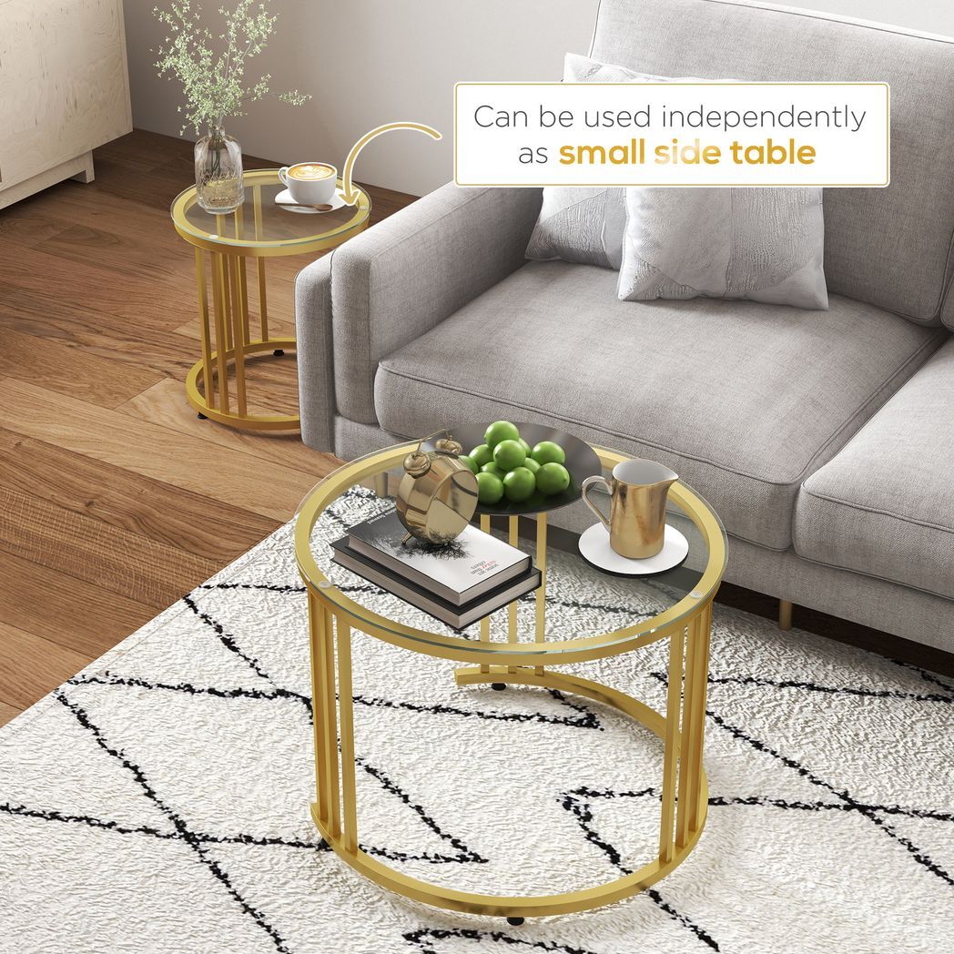Svvalka2 Pieces Round Nesting Coffee Tables with Tempered Glass Top, Gold Tone
