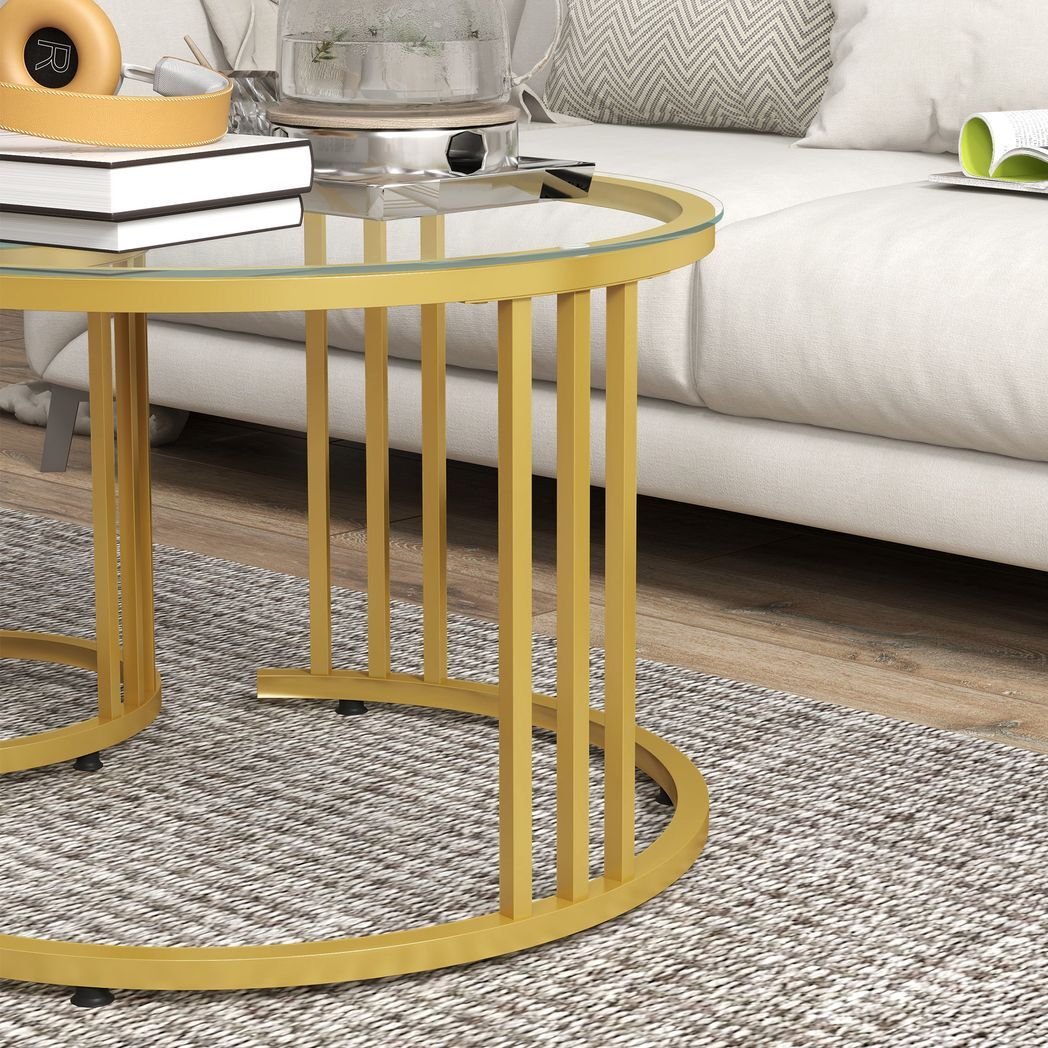 Svvalka2 Pieces Round Nesting Coffee Tables with Tempered Glass Top, Gold Tone