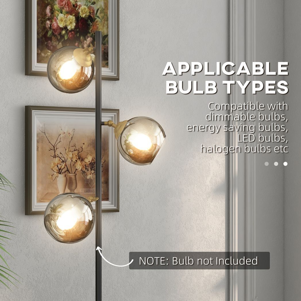 HOMCOM Modern Floor Lamp with Glass Global Shade, 3 Light, for Living Room