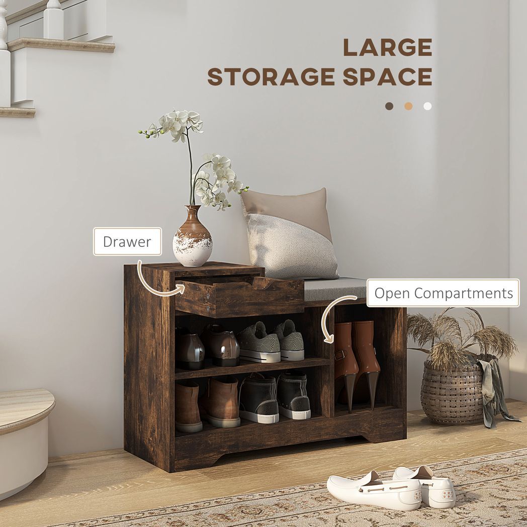 SvvalkaUpholstered Entryway Shoe Bench with Storage Drawer Open Shelf Brown