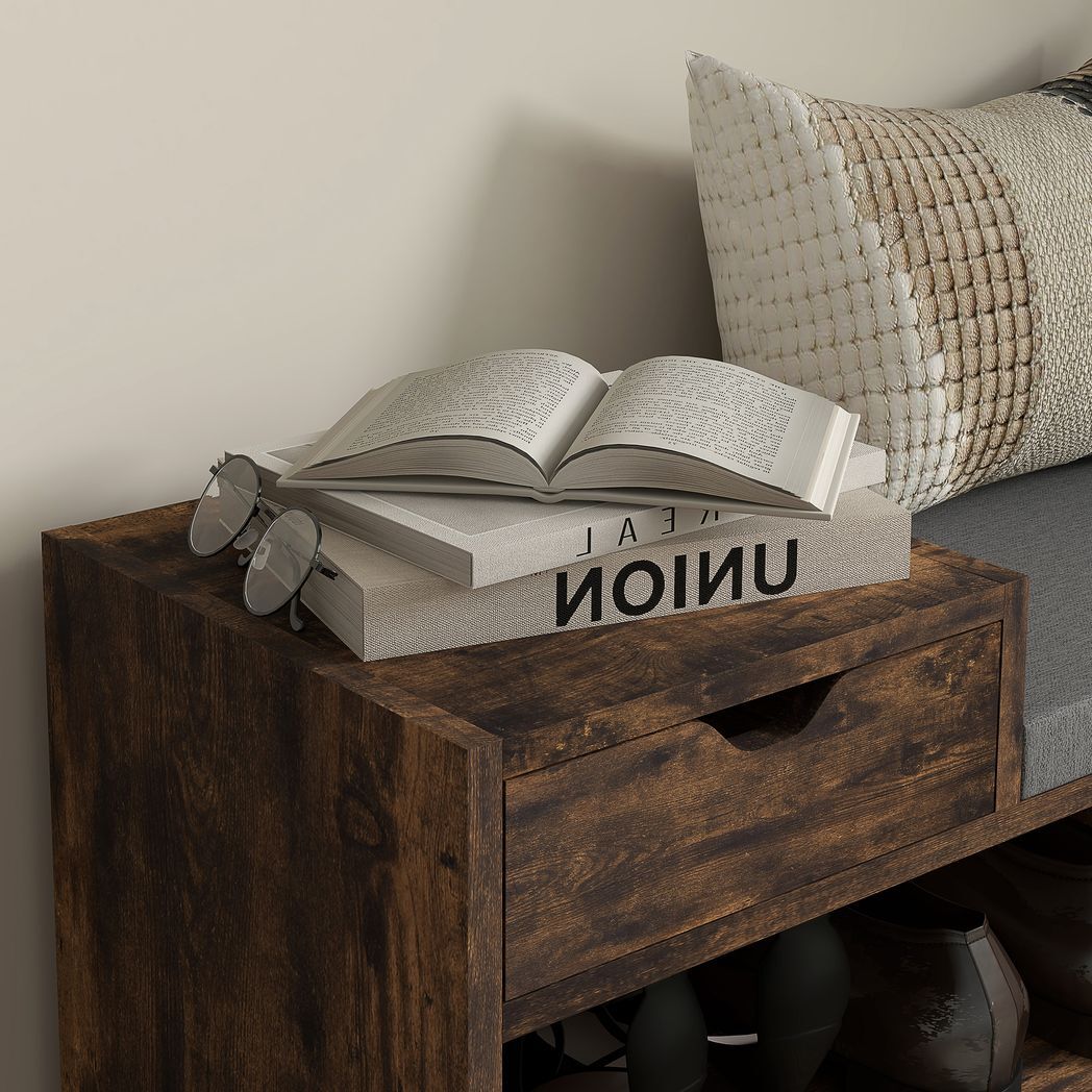 SvvalkaUpholstered Entryway Shoe Bench with Storage Drawer Open Shelf Brown