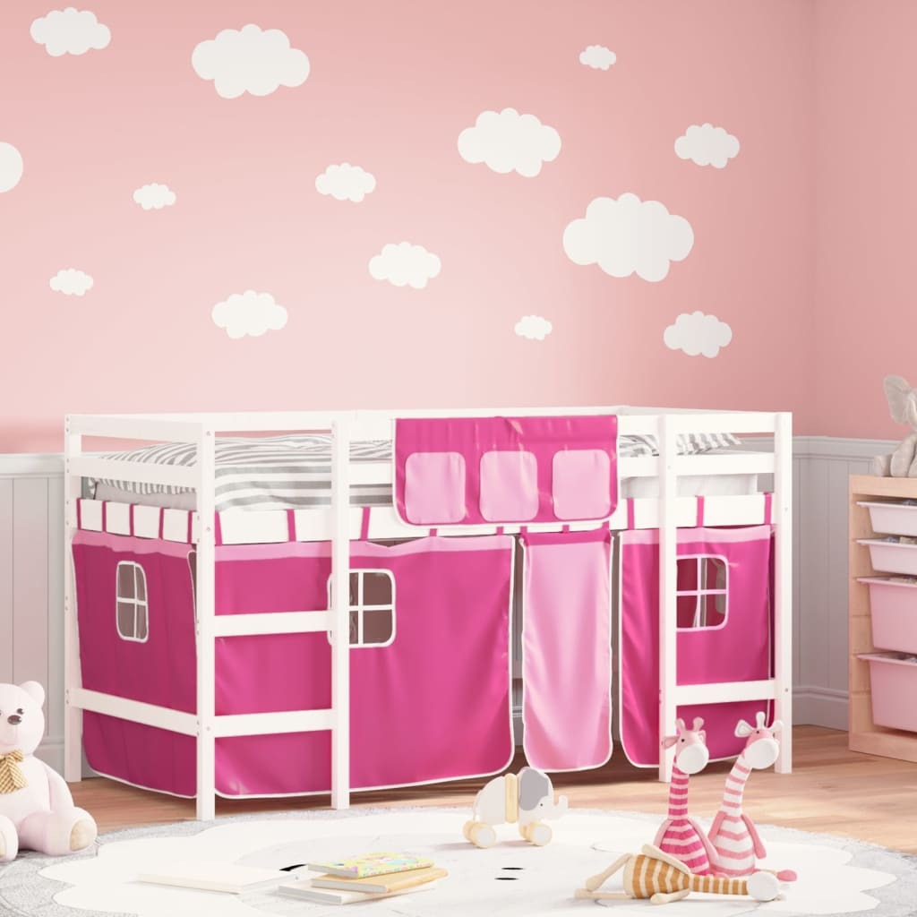 Childrens Loft Bed with Curtains Pink 80x200cm Solid Wood Pine