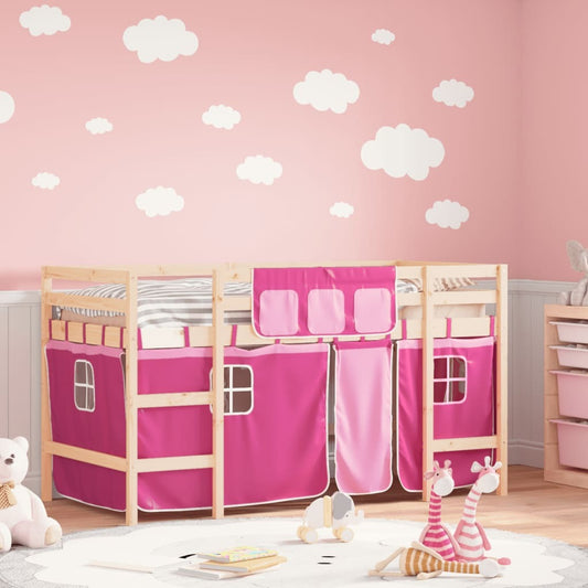 Kids' Loft Bed with Curtains Pink 80x200cm Solid Wood Pine