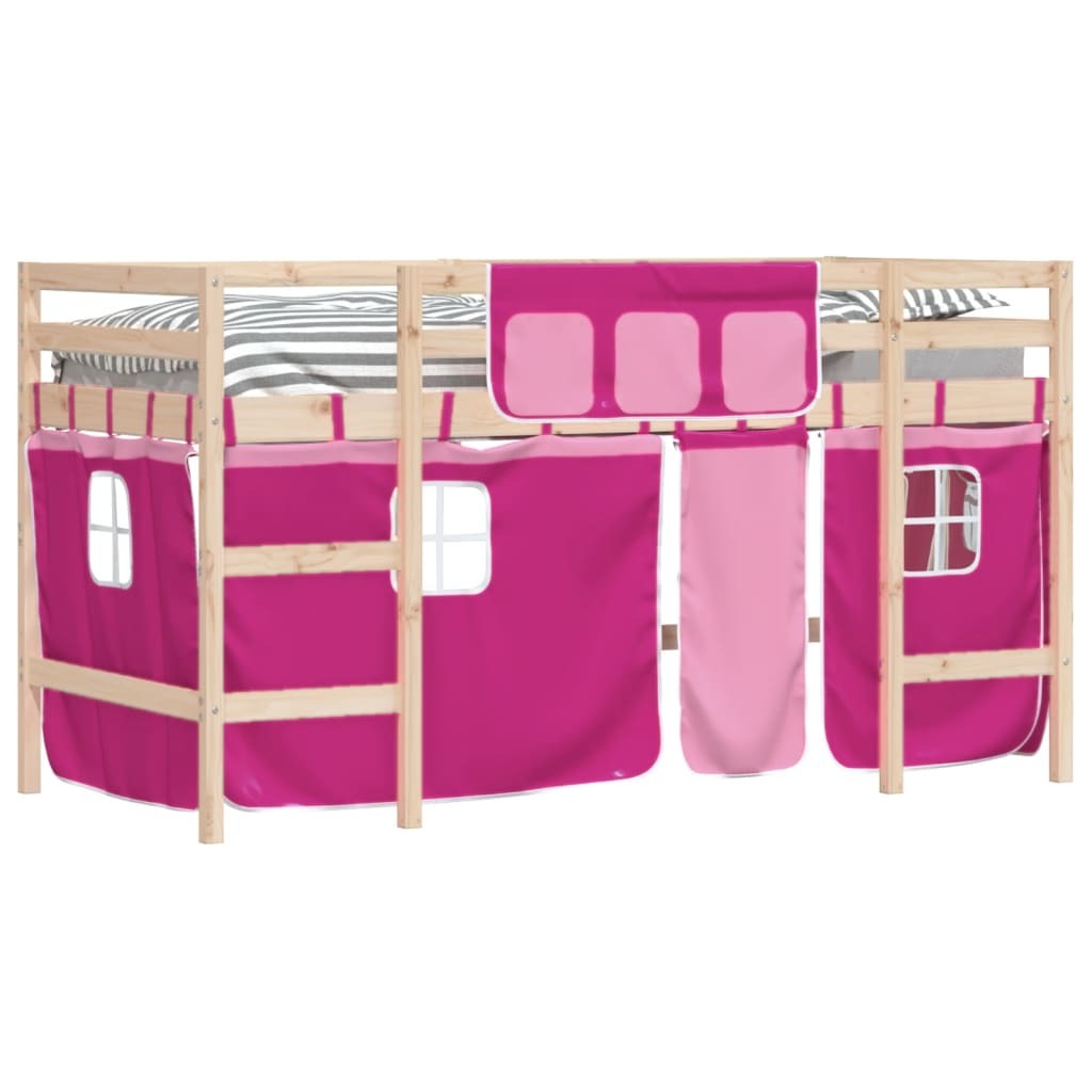 Kids' Loft Bed with Curtains Pink 80x200cm Solid Wood Pine