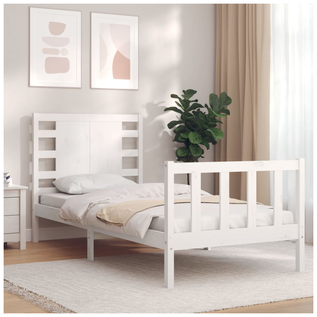 Bed Frame with Headboard White Small Single Solid Wood
