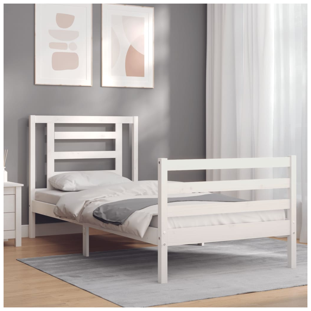 Bed Frame with Headboard White Small Single Solid Wood