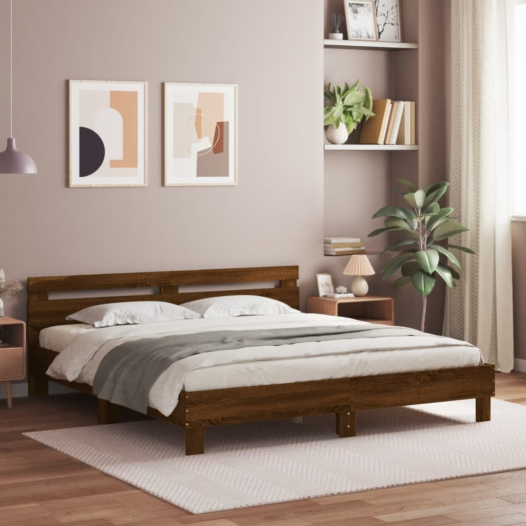Bed Frame with Headboard Brown Oak 200x200 cm Engineered Wood
