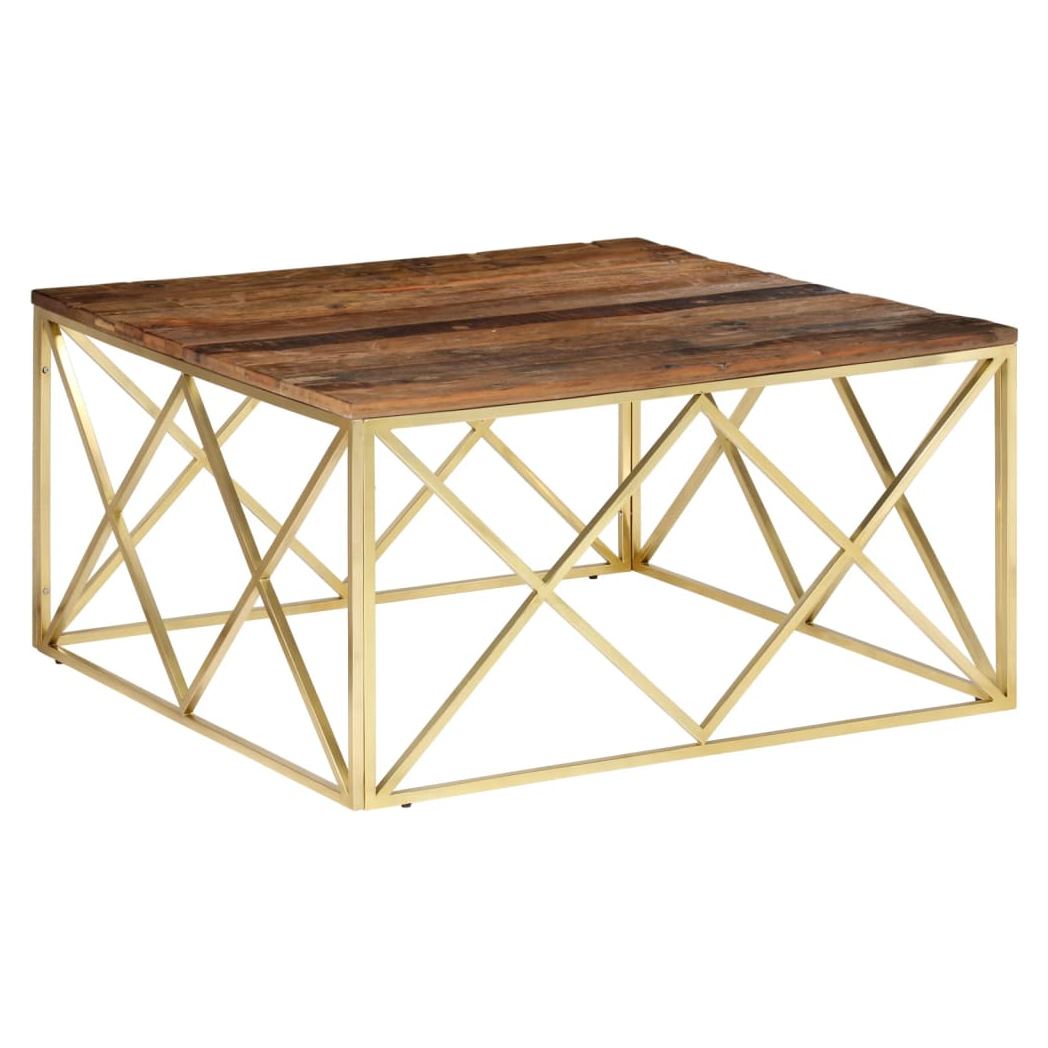 Coffee Table Gold Stainless Steel and Solid Sleeper Wood