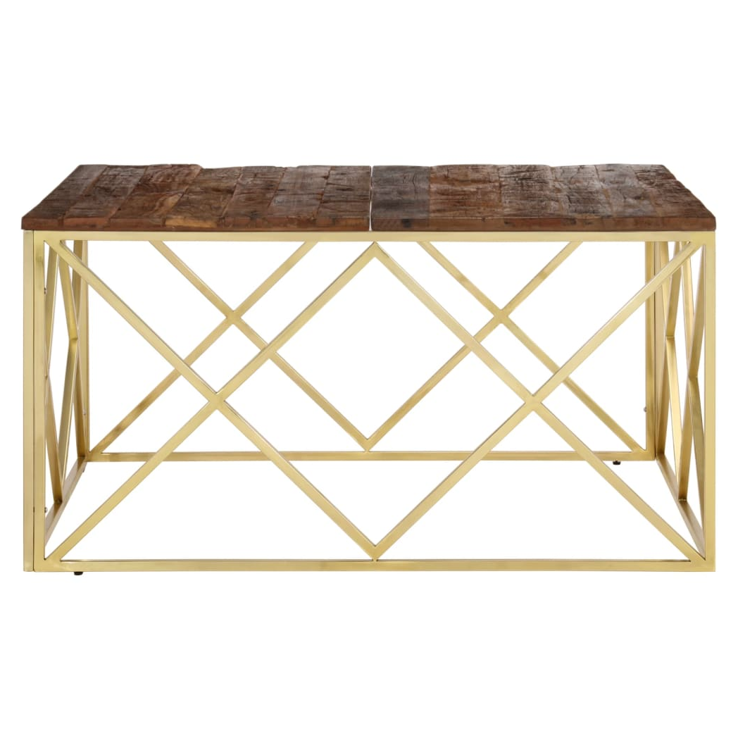 Coffee Table Gold Stainless Steel and Solid Sleeper Wood