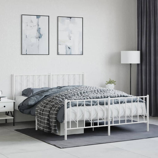 Metal Bed Frame with Headboard and Footboard?White 150x200 cm King Size